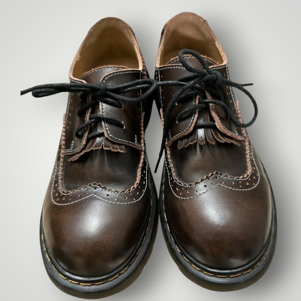 Wingtip Brogue Oxford Women 8 Brown Kiltie Leather Lug Sole Dark Academia Chunky